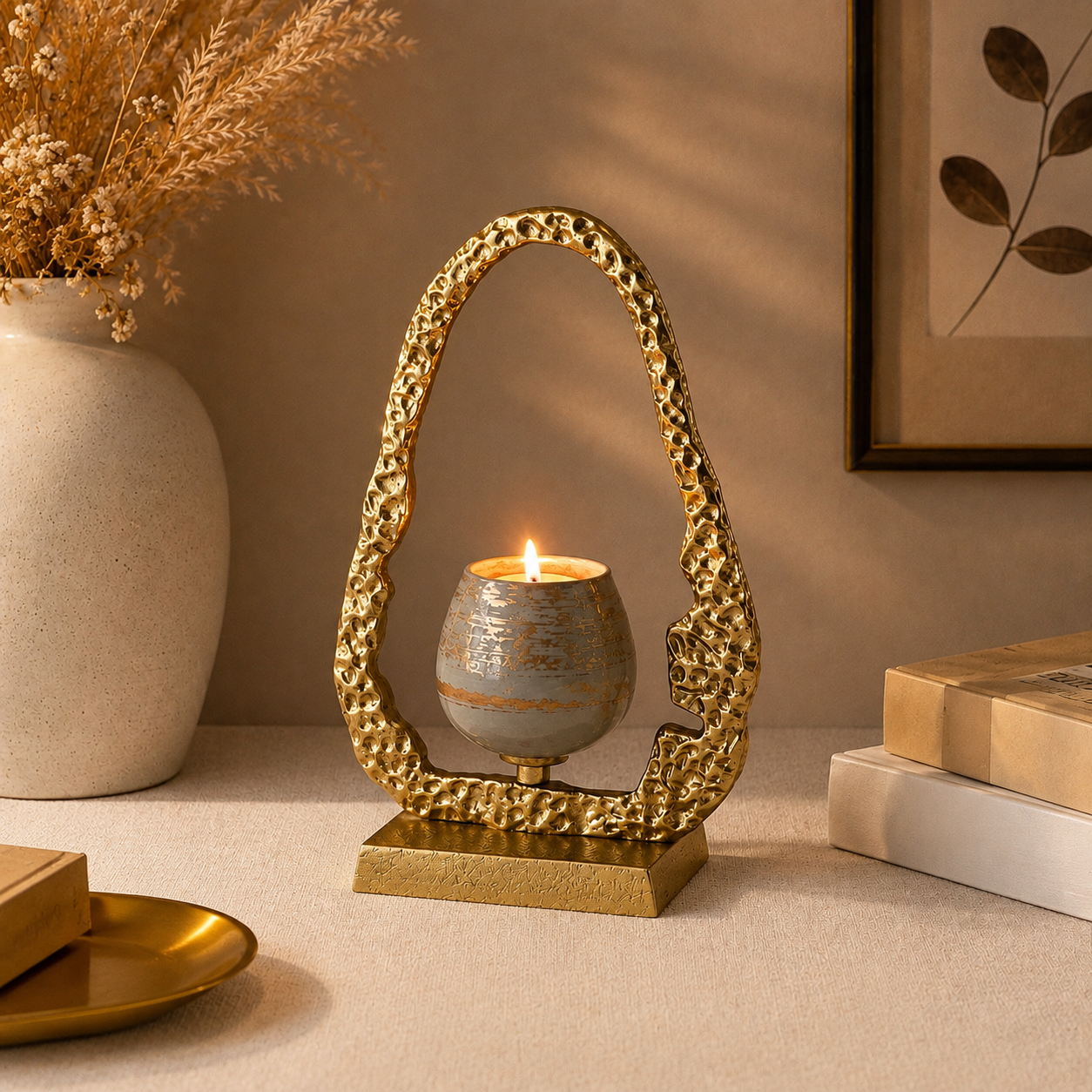 Textured Gold-Finish Decorative Candle Holder