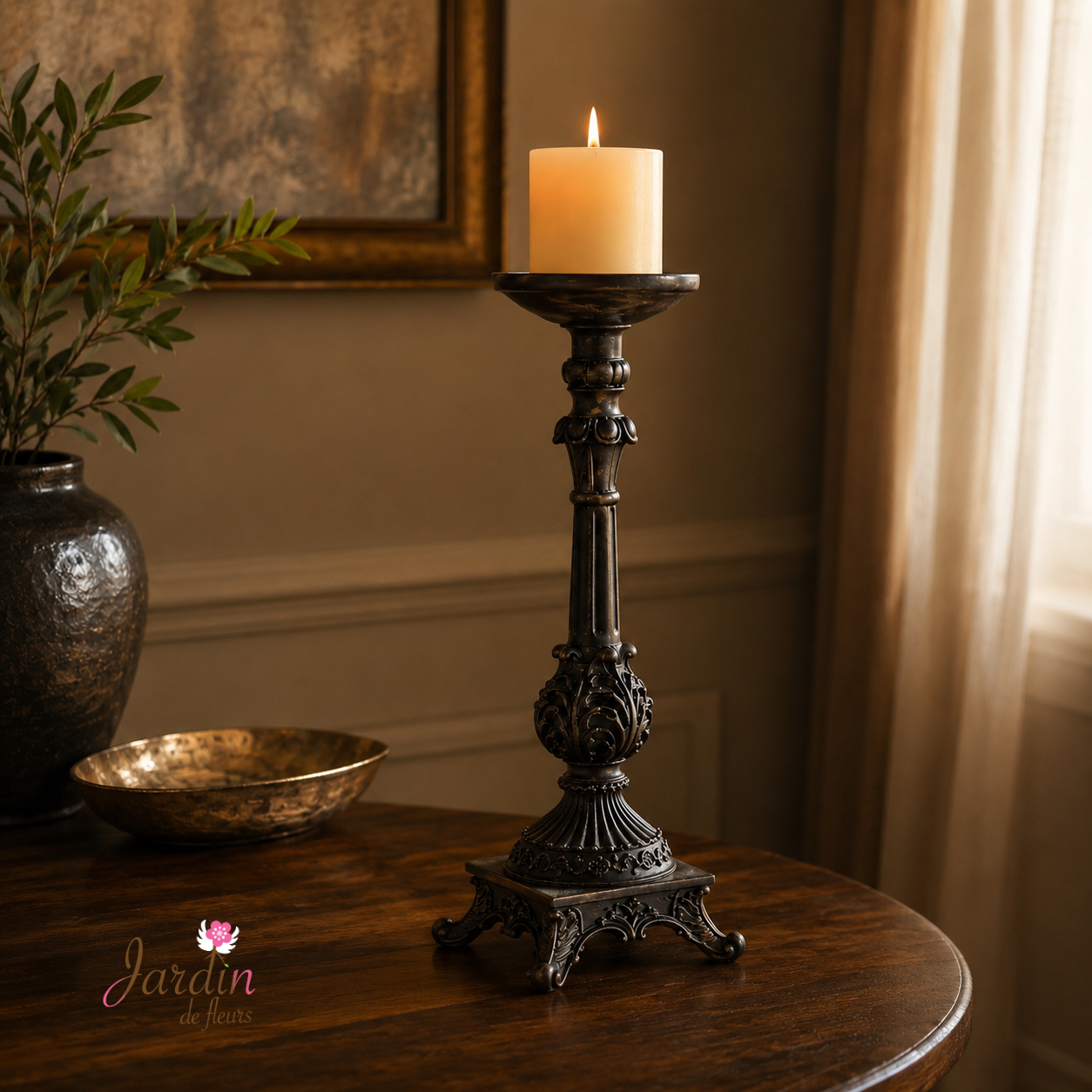 Vintage Ornate Black Metal Candle Holder
