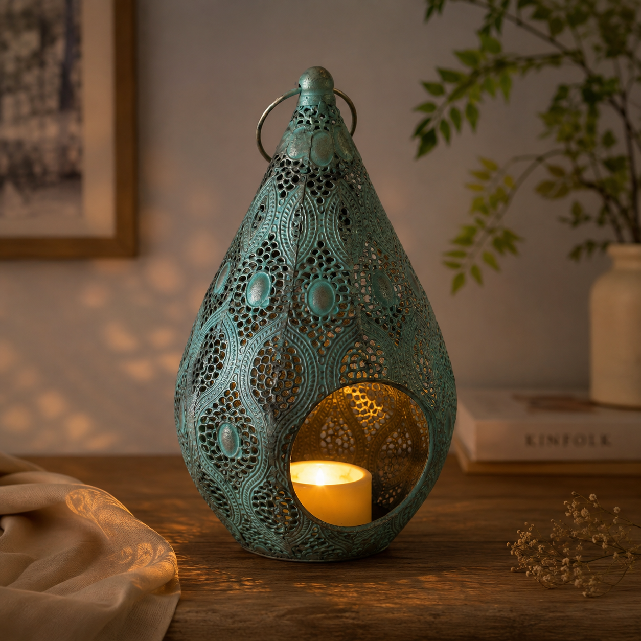 Vintage Teal Filigree Candle Lantern