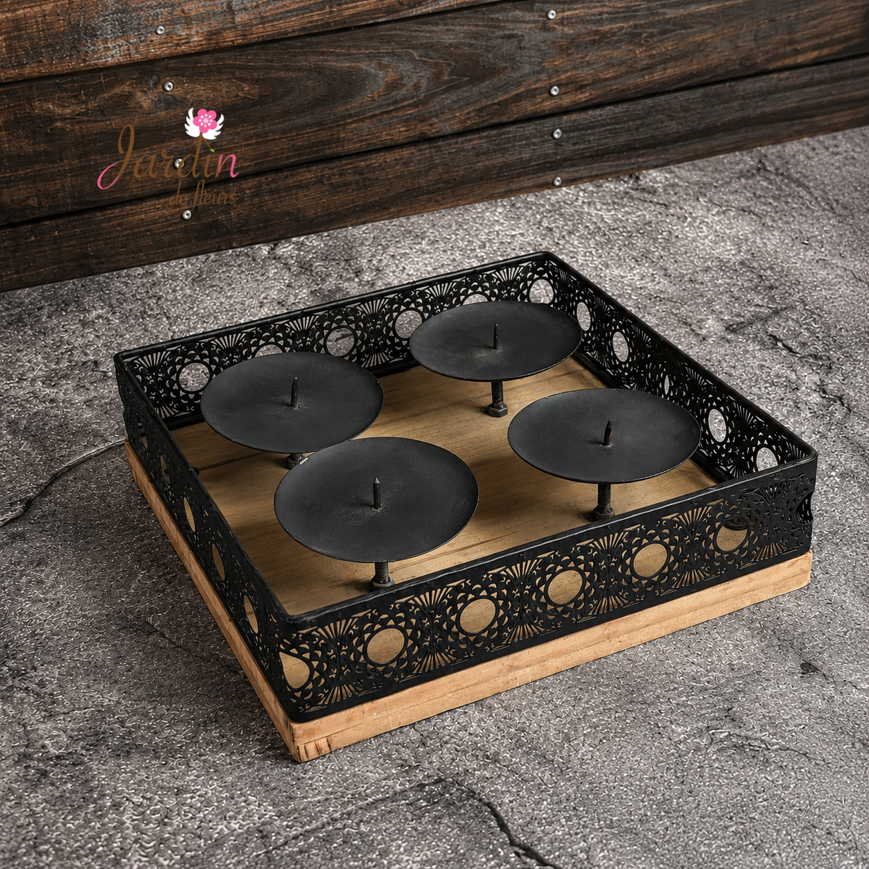Natural Wood & Black Metal Four-Candle Holder