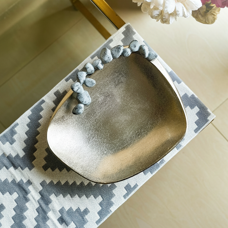 Contemporary Silver Decorative Bowl with Stone Accent Handle (13”)