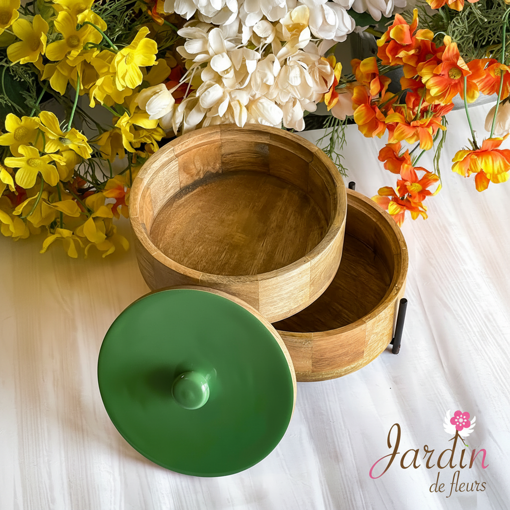 2-Tier Mango Wood Roti & Storage Box with Metal Stand (8”)