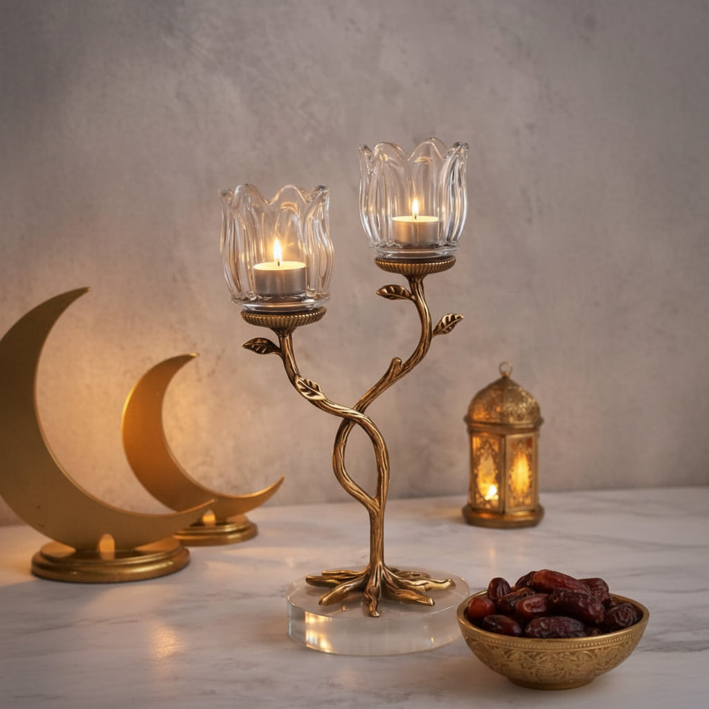Brass & Crystal Double Tealight Candle Holder
