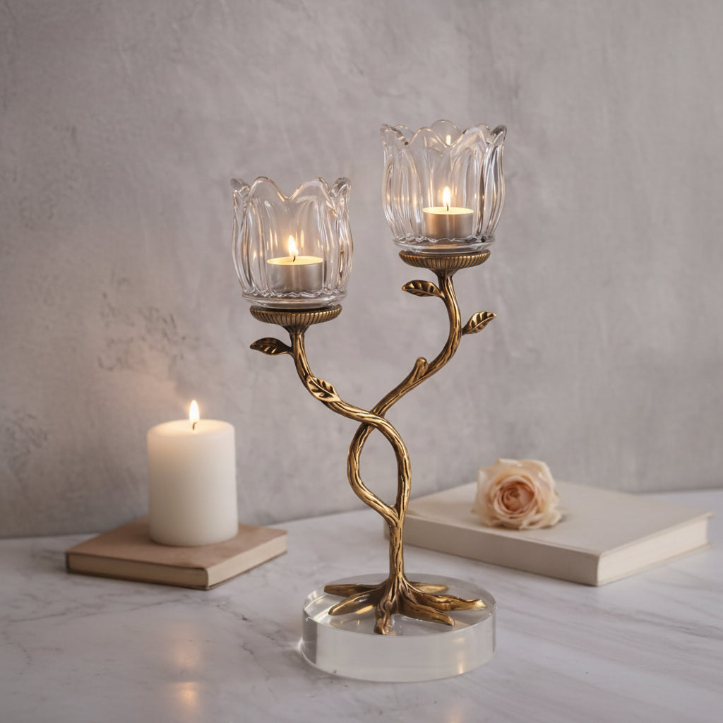 Brass & Crystal Double Tealight Candle Holder