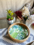 Handcrafted Wooden Round Serving Tray – Tropical Leaf Design (12")